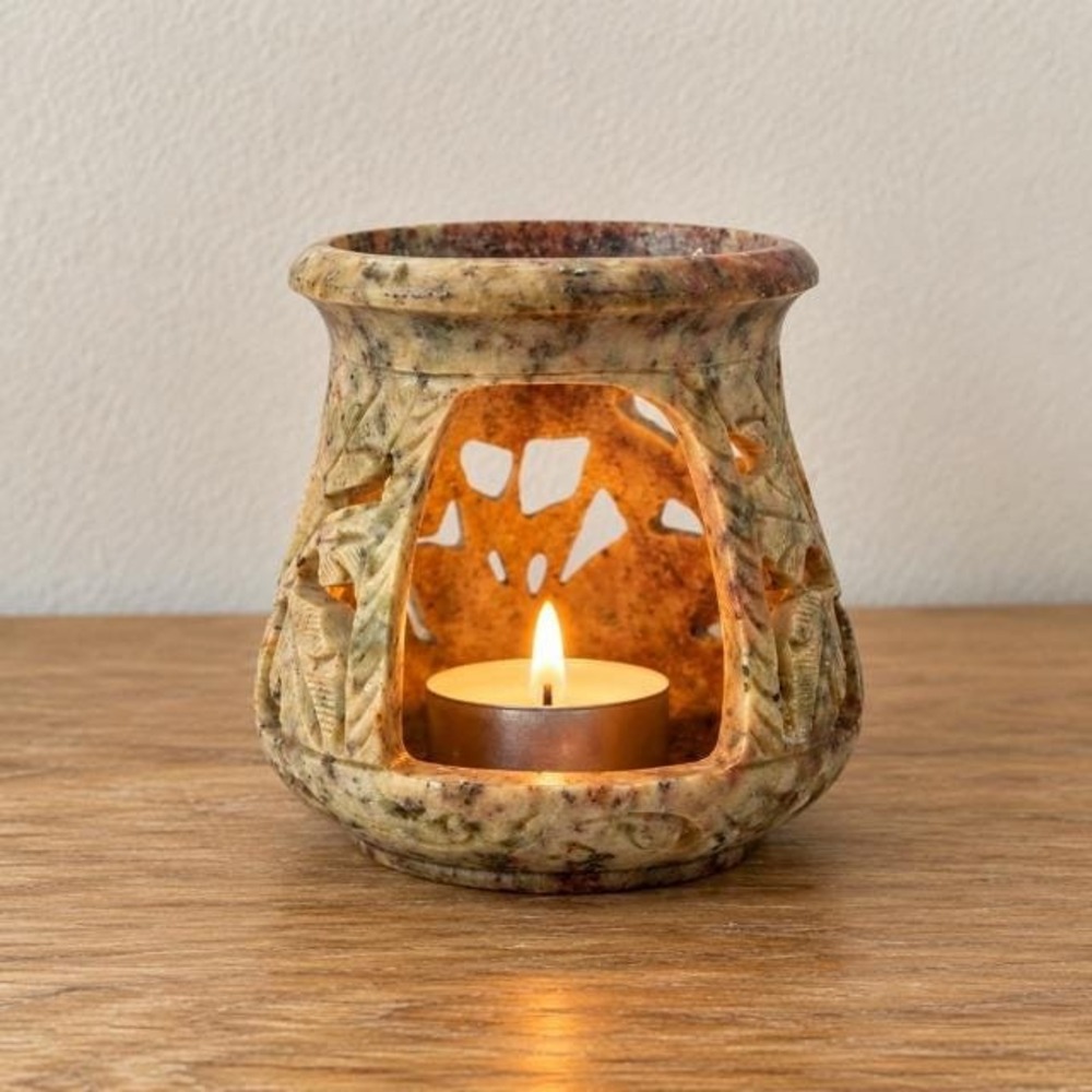 Vintage Carved Soapstone Votive Candle Holder Openwork Leaf Foliage Boho Decor